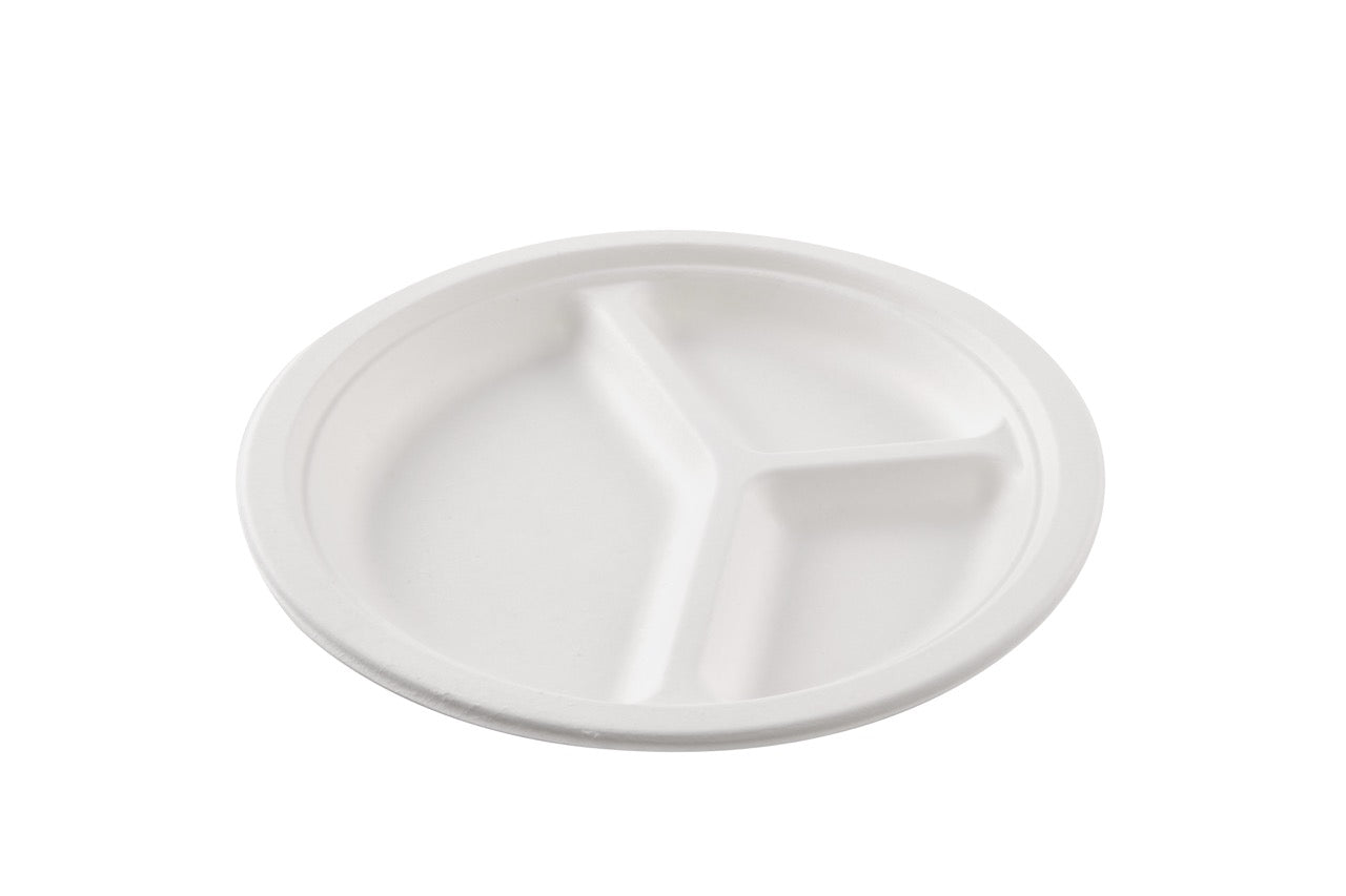 Assiette ronde blanche à 3 compartiments en canne à sucre Ø 26 cm - 800 unités
