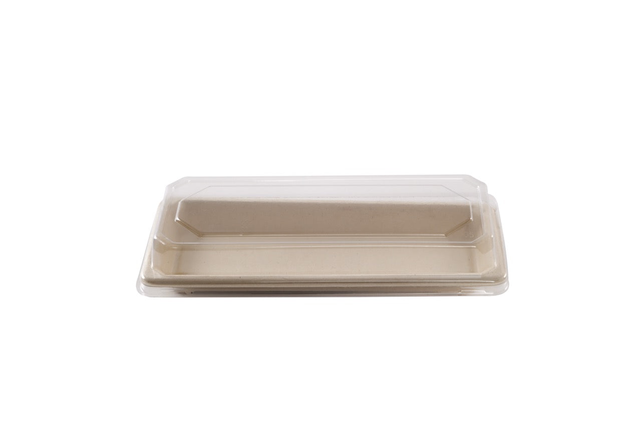 Barquette Sushi crème en canne à sucre + couvercle antibuée en PET 22 x 9 cm - 250 unités
