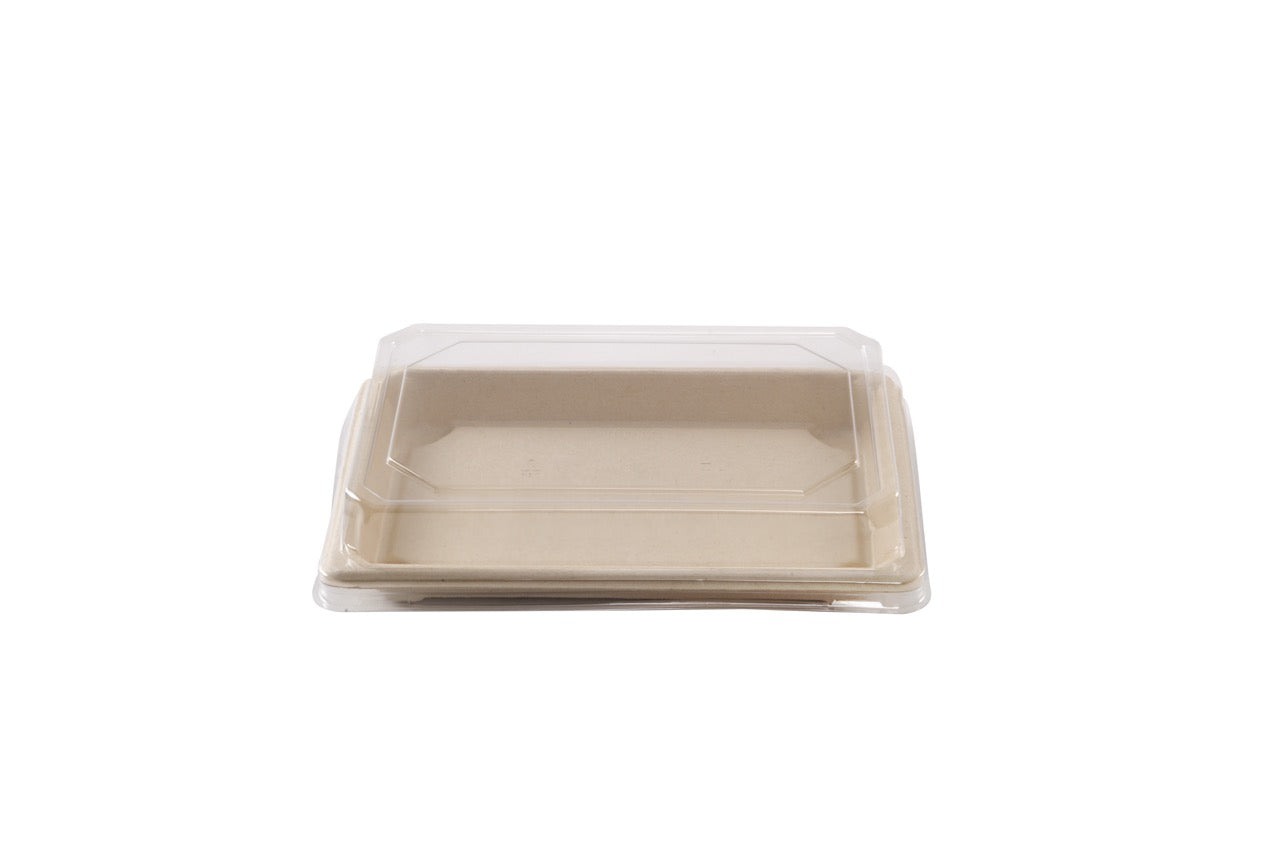 Barquette Sushi crème en canne à sucre + couvercle antibuée en PET 18,5 x 13 cm - 250 unités
