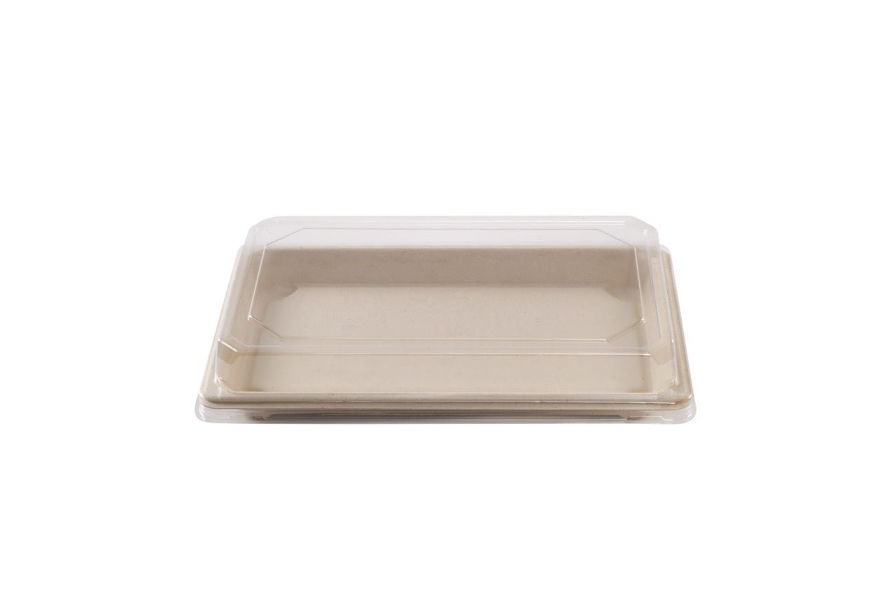 Barquette Sushi crème en canne à sucre + couvercle antibuée en PET 21,5 x 13,5 cm - 250 unités