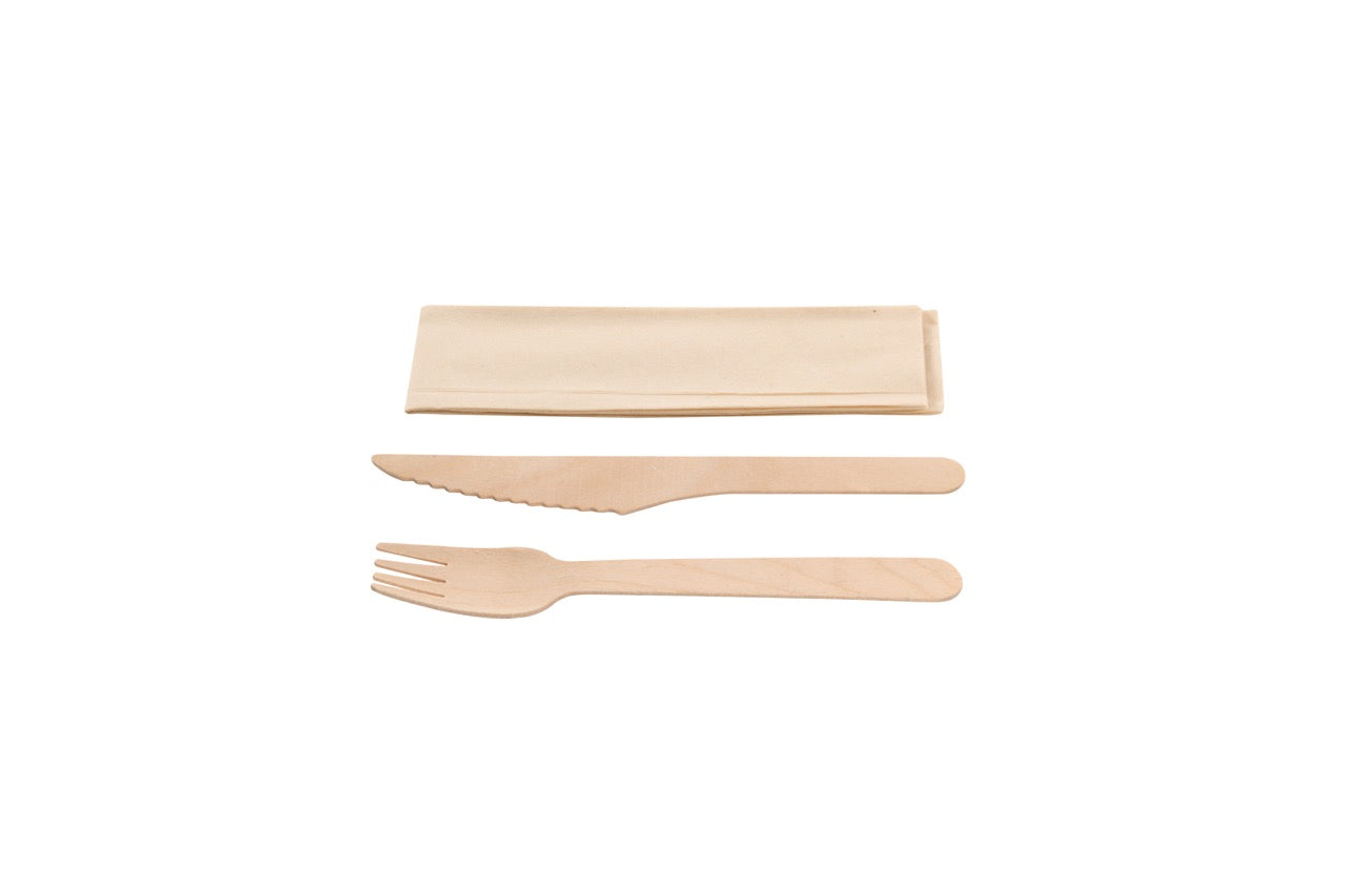 Kit couverts 3 en 1 en bois : couteau + fourchette + serviette kraft - 500 unités