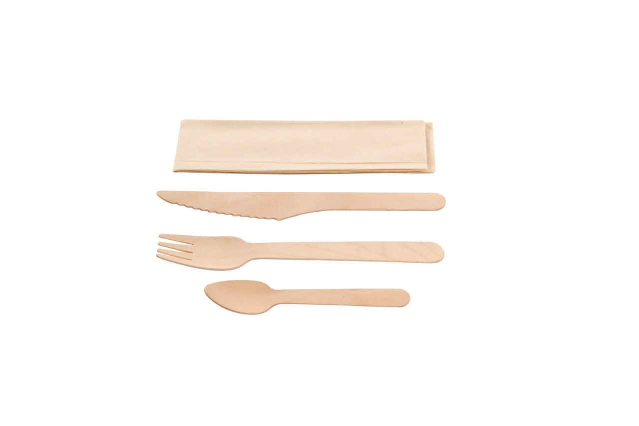 Kit couverts 4 en 1 en bois : couteau + fourchette + petite cuillère + serviette kraft - 500 unités