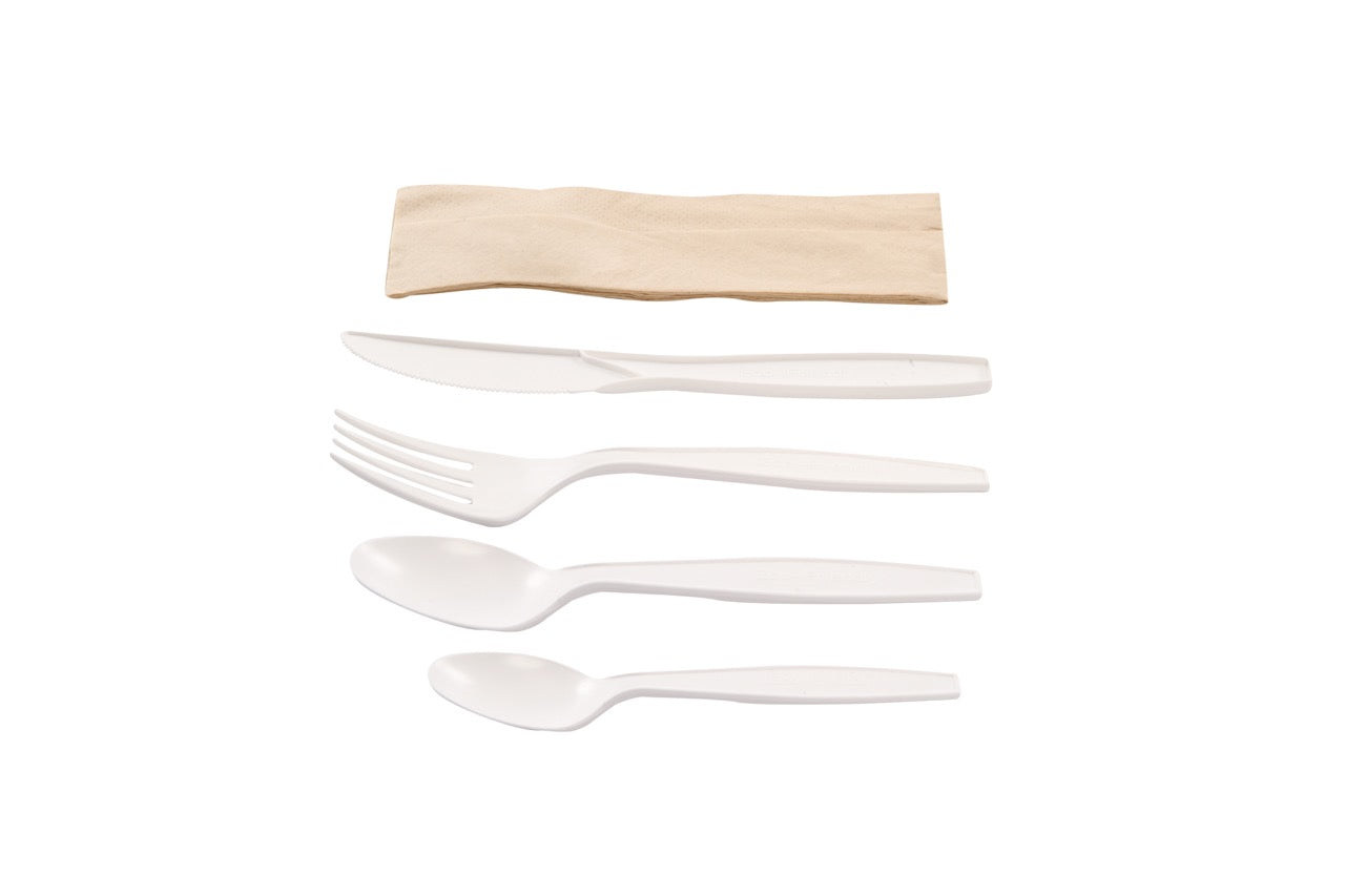 Kit couverts blanc 5 en 1 en maïs : couteau + fourchette + cuillère + petite cuillère + serviette kraft - 500 unités