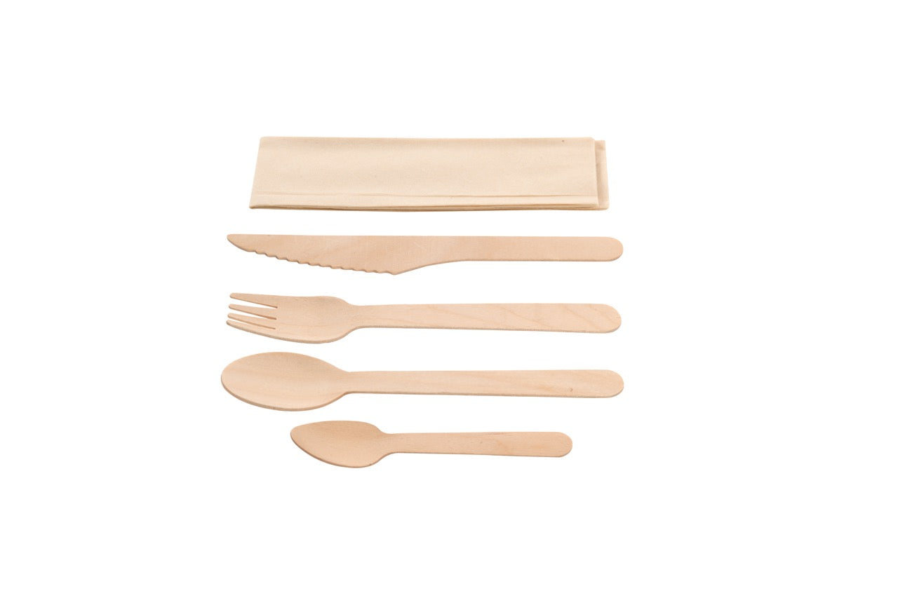 Kit couverts 5 en 1 en bois : couteau + fourchette + cuillère + petite cuillère + serviette kraft - 500 unités