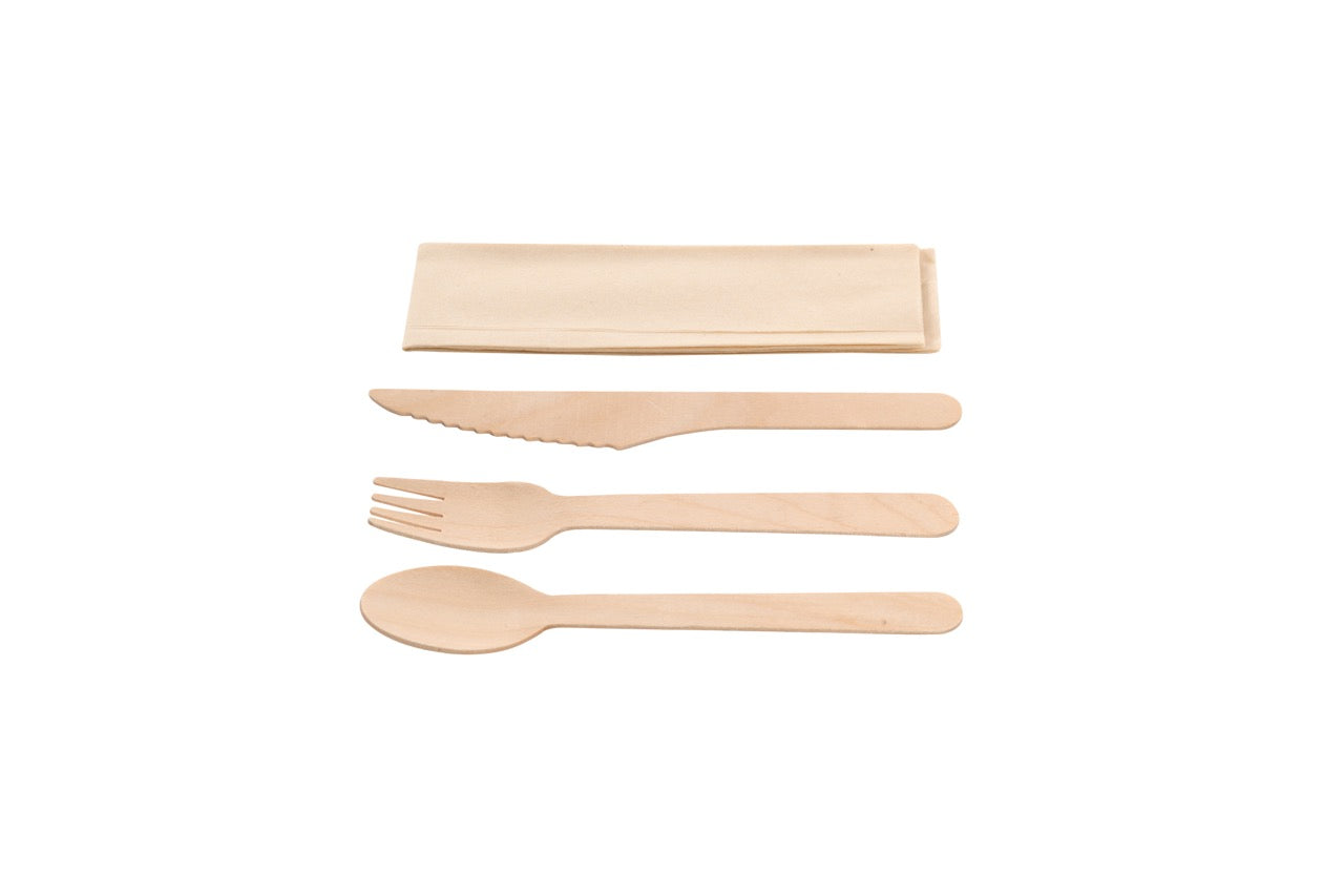 Kit couverts 4 en 1 en bois : couteau + fourchette + cuillère + serviette kraft - 500 unités