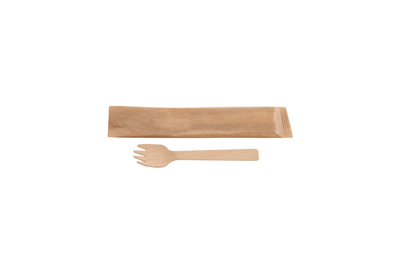 Petite fourchette en bois emballée individuellement 10,5 cm - 1000 unités