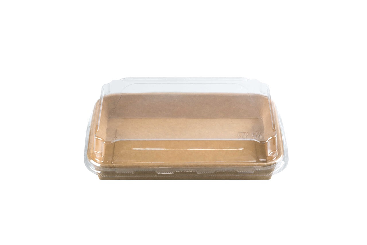 Barquette sushi en carton kraft + couvercle antibuée en PET 18,5 x 13 cm - 300 unités