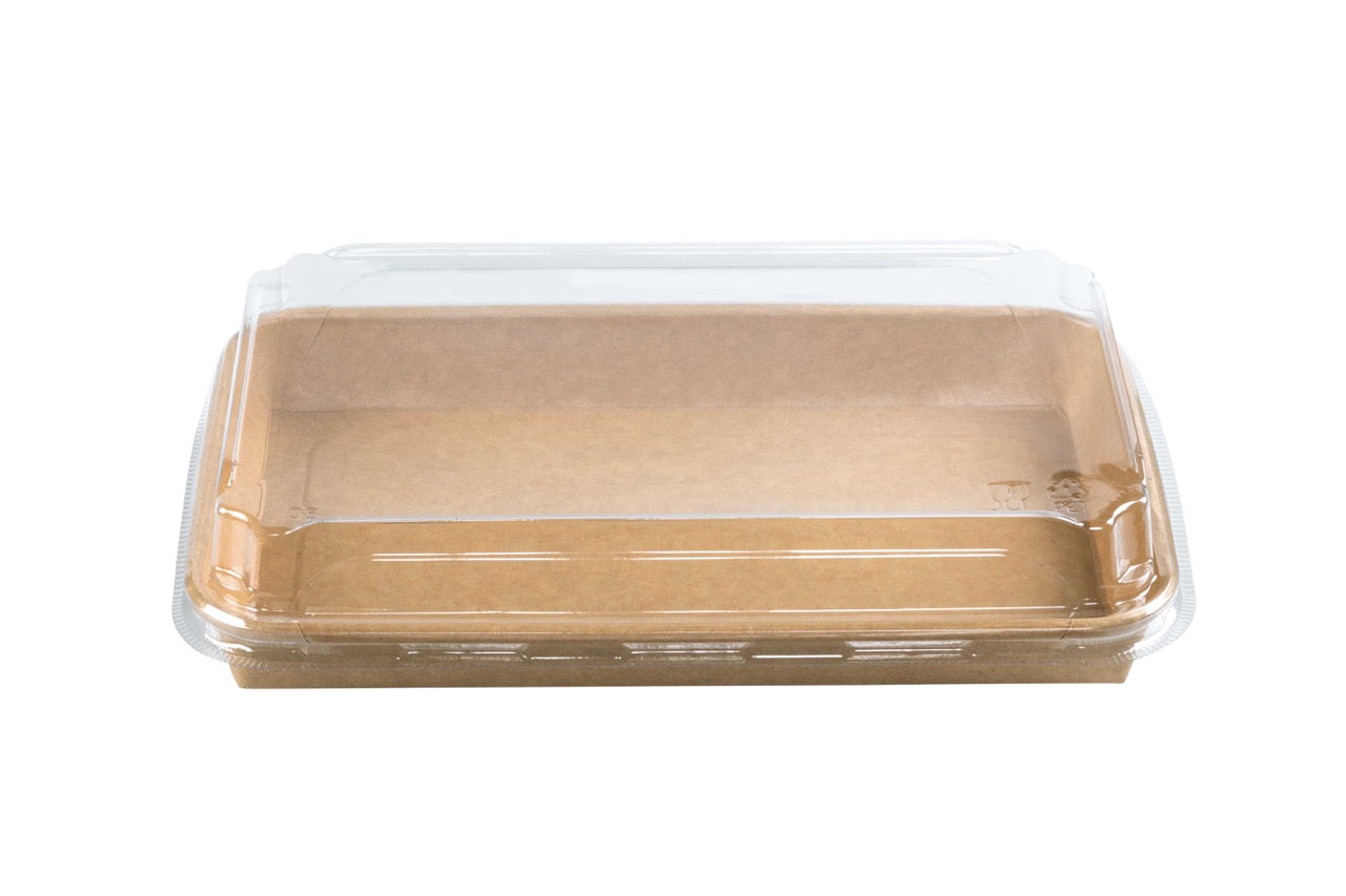 Barquette sushi en carton kraft + couvercle antibuée en PET 22 x 9 cm - 300 unités