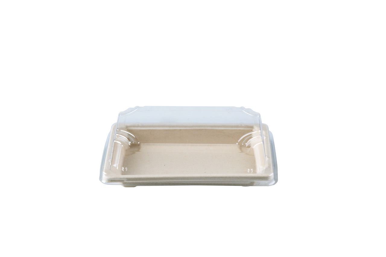 Barquette Sushi crème en canne à sucre + couvercle antibuée en PET 16 x 9,5 cm - 250 unités