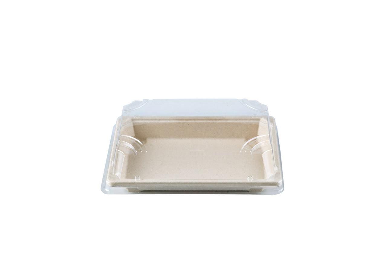 Barquette Sushi crème en canne à sucre + couvercle antibuée en PET 16 x 11,5 cm - 250 unités