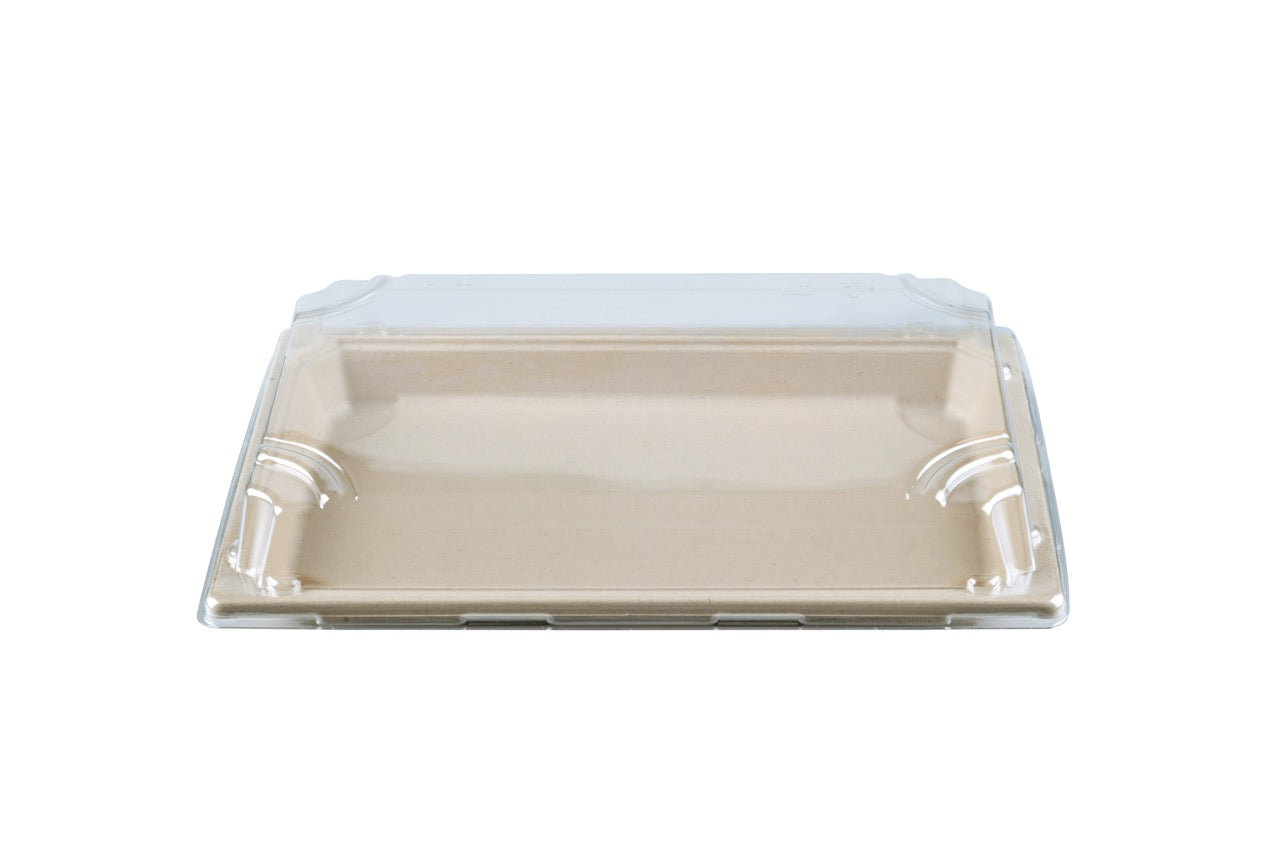 Barquette Sushi crème en canne à sucre + couvercle antibuée en PET 24,5 x 15,5 cm - 250 unités