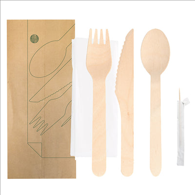 SET 5/1 FOURCHETTE, COUTEAU, CUILLÈRE, SERVIETTE, CURE-DENTS SOUS SACHET 'MAKAN' 16 CM NATUREL BOIS (200 UNITÉS)