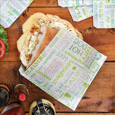 PAPIER INGRAISSABLES OUVERT 2 CÔTÉS FAST FOOD 'PAROLE' 35 G/M2 17x18 CM BLANC PARCH.INGRAISSABLE (500 UNITÉS)