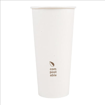 GOBELETS BOISSONS FROIDES ET CHAUDES 1 PAROI 'COMPOSTABLE' 660 ML - 22 oz 300 G/M2 Ø9/6x17 CM BLANC CARTON (1000 UNITÉS)