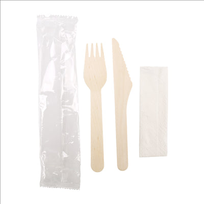 SET 3/1 FOURCHETTE, COUTEAU, SERVIETTE 'MAKAN' 16 CM NATUREL BOIS (100 UNITÉS)