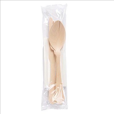 SET 4/1 FOURCHETTE, COUTEAU, CUILLÈRE, SERVIETTE 'CLASSIC' 20 CM NATUREL BOIS (100 UNITÉS)