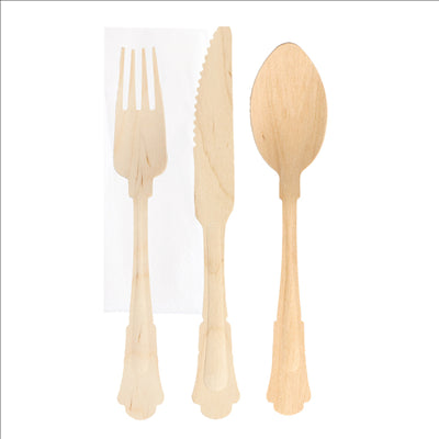 SET 4/1 FOURCHETTE, COUTEAU, CUILLÈRE, SERVIETTE 'CLASSIC' 20 CM NATUREL BOIS (100 UNITÉS)