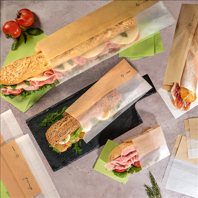SACHETS POUR SANDWICHES AVEC FENÊTRE ECO 'CORNER WINDOW' 40 G/M2 12+6x30 CM NATUREL PARCH.INGRAISSABLE (250 UNITÉS)