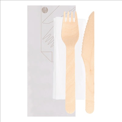 SET 3/1 FOURCHETTE, COUTEAU, SERVIETTE 'MAKAN' 16 CM NATUREL BOIS (100 UNITÉS)