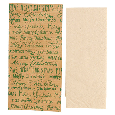 SACHETS COUVERTS+SERV.RÉCYC.2P 'MERRY CHRISTMAS' 80 + 10 PE G/M2 11,2x22,5 CM MARRON CELLULOSE (250 UNITÉS)