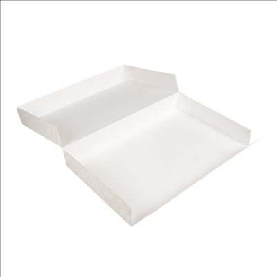 BOÎTES CATERING, PLATE 'THEPACK DAMASCO' 310 G/M2 28x42x6 CM BLANC CARTON ONDULÉ NANO-MICRO (100 UNITÉS)