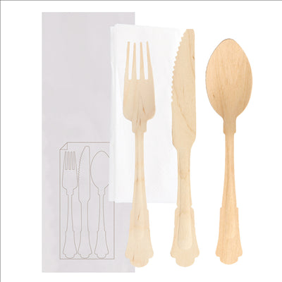 SET 4/1 FOURCHETTE, COUTEAU, CUILLÈRE, SERVIETTE 'CLASSIC' 20 CM NATUREL BOIS (100 UNITÉS)