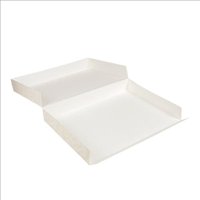 BOÎTES CATERING, PLATE 'THEPACK DAMASCO' 310 G/M2 32x42x6 CM BLANC CARTON ONDULÉ NANO-MICRO (100 UNITÉS)