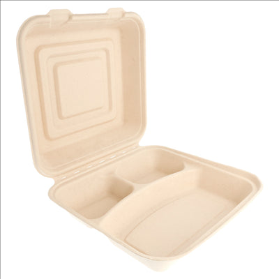 COQUILLES "L" 3 COMPART. 'BIONIC' 25x25x7,5 CM NATUREL BAGASSE (250 UNITÉS)
