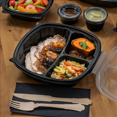 RÉCIPIENTS AVEC COUVERCLE CHARNIÈRE 3 COMPARTIMENTS MICRO-ONDABLES 1350 ML 24,9x25,8x7,2 CM NOIR PP (100 UNITÉS)