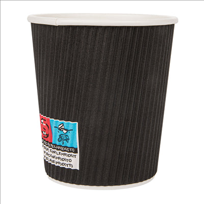 GOBELETS BOISSONS CHAUDES DOUBLE PAROI, ONDULÉ 180 ML 260 + 250 + 18 PE G/M2 Ø7,2/5,3x7,8 CM NOIR CARTON (1000 UNITÉS)