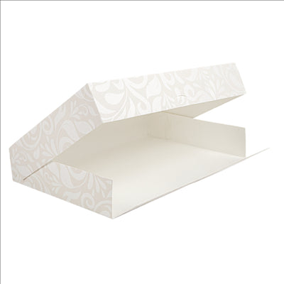 BOÎTES CATERING, PLATE 'THEPACK DAMASCO' 250 G/M2 25x34x6 CM BLANC CARTON ONDULÉ NANO-MICRO (100 UNITÉS)