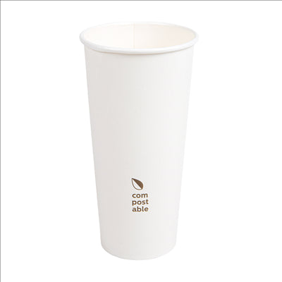 GOBELETS BOISSONS FROIDES ET CHAUDES 1 PAROI 'COMPOSTABLE' 660 ML - 22 oz 300 G/M2 Ø9/6x17 CM BLANC CARTON (1000 UNITÉS)