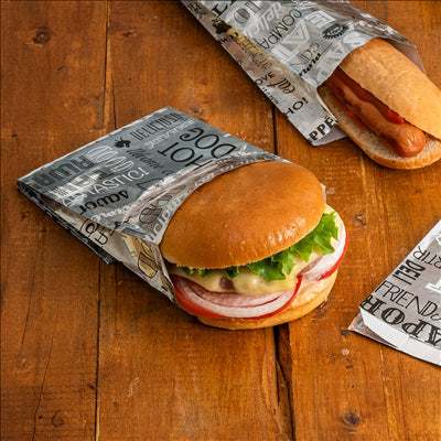 SACHETS POUR FRITURES 'PAROLE' 35+20 G/M2 12+6x14 CM ARGENTE PARCHEMIN + ALUMINIUM (500 UNITÉS)