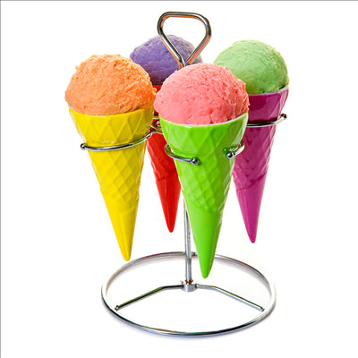STANDS INOX+4 CÔNES GLACES Ø 7x14,8 CM ASSORTI PORCELAINE (6 UNITÉS)