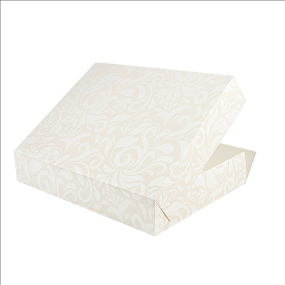 BOÎTES CATERING, PLATE 'THEPACK DAMASCO' 250 G/M2 25x34x6 CM BLANC CARTON ONDULÉ NANO-MICRO (100 UNITÉS)