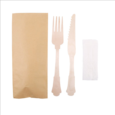 SET 3/1 FOURCHETTE, COUTEAU, SERVIETTE 'CLASSIC' 20 CM NATUREL BOIS (100 UNITÉS)