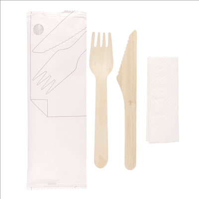 SET 3/1 FOURCHETTE, COUTEAU, SERVIETTE 'MAKAN' 16 CM NATUREL BOIS (100 UNITÉS)