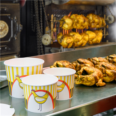 CONTAINERS POULET + COUVERCLES 2550 ML 15PE + 380 + 18PE G/M2 Ø 18,9/14,7x14,5 CM BLANC CARTON (300 UNITÉS)