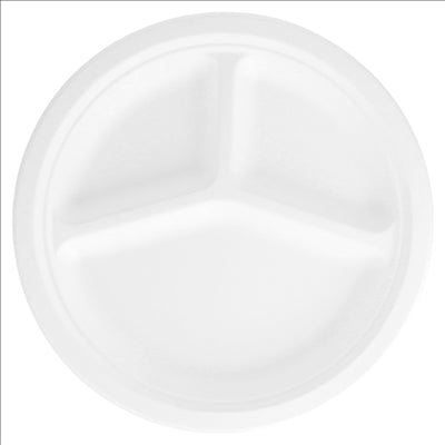 ASSIETTES 3 COMPART. 'BIONIC' Ø 26x2,6 CM BLANC BAGASSE (800 UNITÉS)