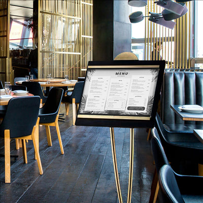 PORTE MENUS DIN-A3 AVEC PIED INCORPORÉ 46x38x135 CM NOIR/OR LAITON (1 UNITÉ)