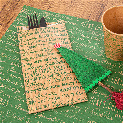 SACHETS COUVERTS+SERV.RÉCYC.2P 'MERRY CHRISTMAS' 80 + 10 PE G/M2 11,2x22,5 CM MARRON CELLULOSE (250 UNITÉS)