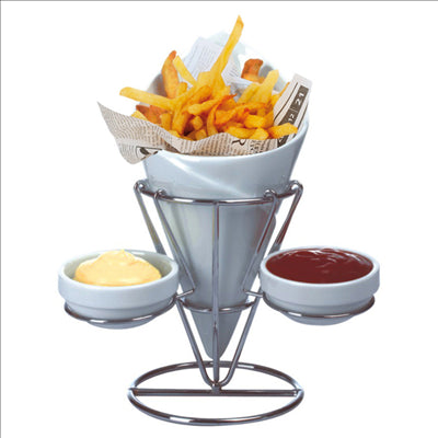 STANDS INOX+1 CÔNE+2 RAMEQUINS Ø 12x22,5 CM BLANC PORCELAINE (12 UNITÉS)