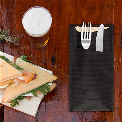 SACS COUVERTS + SERVIETTE 'JUST IN TIME' 80 + 10PE G/M2 11,2x22,5 CM NOIR KRAFT VERGÉ (400 UNITÉS)