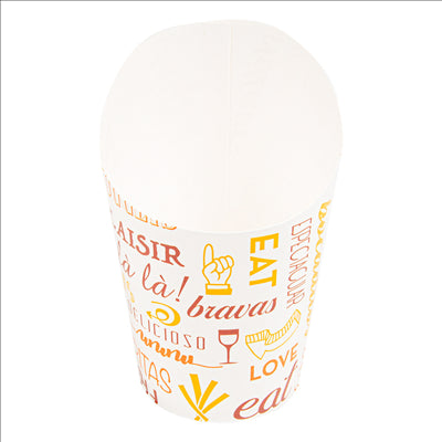 GOBELETS À FRITES OUVERT 'PAROLE' 9 OZ - 270 ML 220 + 18PE G/M2 Ø7x10,5 CM BLANC CARTON (100 UNITÉS)