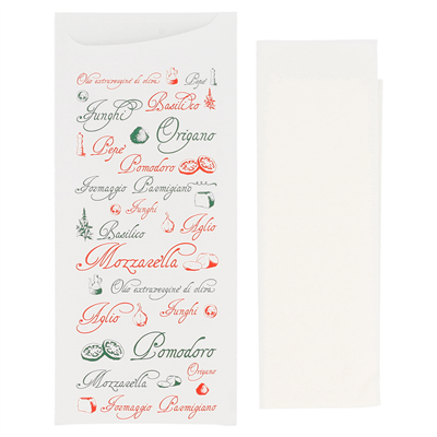 SACS COUVERTS + SERVIETTE 'JUST IN TIME - PIZZA' 90 + 10PE G/M2 8,5x19,5 CM BLANC AIRLAID (250 UNITÉS)