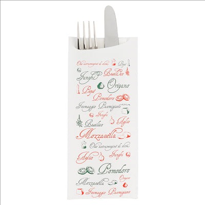 SACS COUVERTS + SERVIETTE 'JUST IN TIME - PIZZA' 90 + 10PE G/M2 8,5x19,5 CM BLANC AIRLAID (250 UNITÉS)