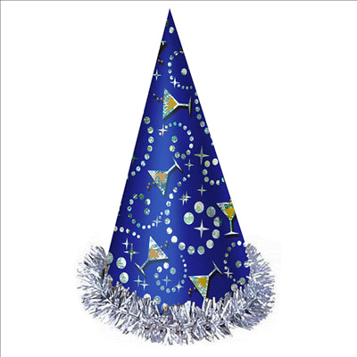CHAPEAUX HOLOGRAPHIQUES CONIQUES 23 (h) CM BLEU CARTON (12 UNITÉS)