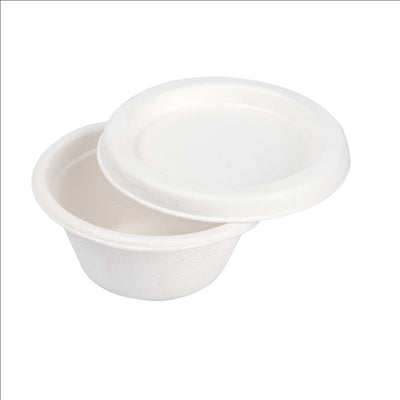 MINI POTS + COUVERCLES 'BIONIC' 60 ML Ø 6,9x3+0,7 CM BLANC BAGASSE (1000 UNITÉS)