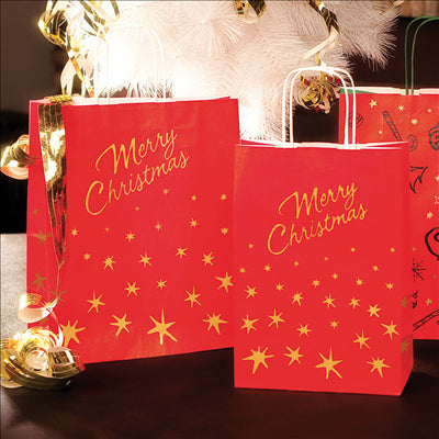 SACS SOS AVEC ANSES 'MERRY CHRISTMAS' 80 G/M2 20+10x29 CM ROUGE CELLULOSE (250 UNITÉS)