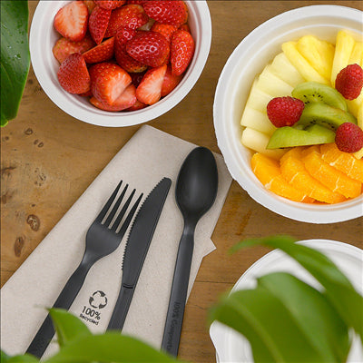 SET 3/1 FOURCHETTE, COUTEAU, SERVIETTE 18 CM NOIR CPLA (500 UNITÉS)